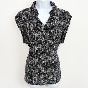 PLEIONE Blouse Short Sleeve Relaxed Fit Black and White Patterned Blouse Large